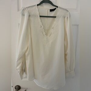 Lane Bryant Cream V-Neck Embroidered Long Sleeve Blouse